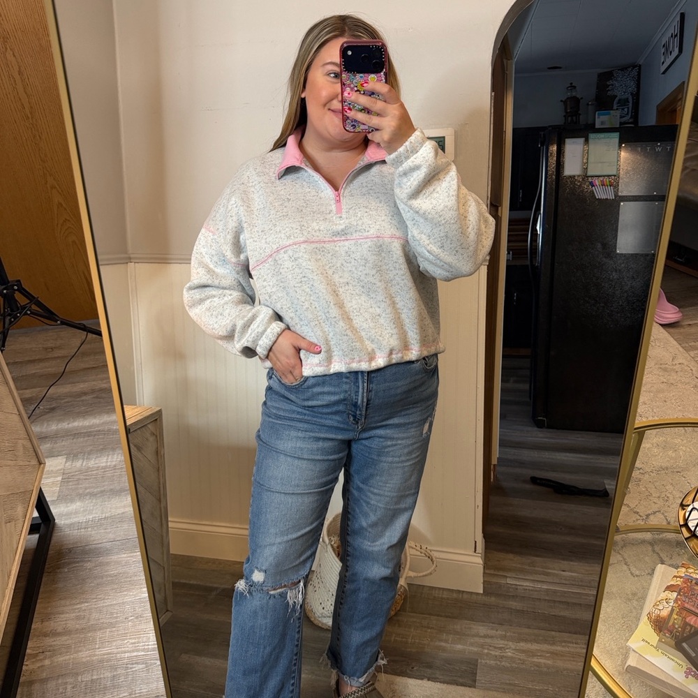 Thread & Supply Gray and Pink Quarter-Zip Pullover Size Large